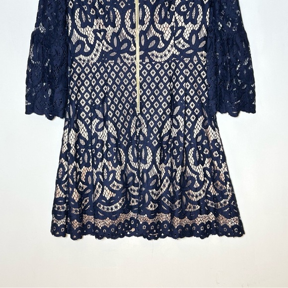 Eliza J Navy Blue Lace Over Nude Dress with Bell Sleeves, Size Medium (10) - Picture 10 of 15